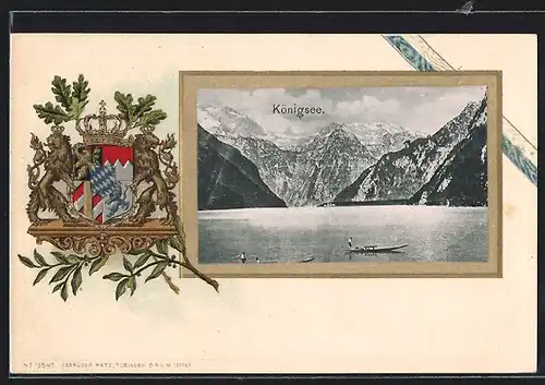 Passepartout-Lithographie Königsee, Blick auf den Königsee, Wappen