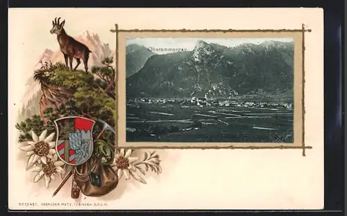 Passepartout-Lithographie Oberammergau, Ortsansicht bei Tag, Wappen