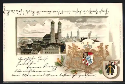 Passepartout-Lithographie München, Frauenkirche mit Wappen