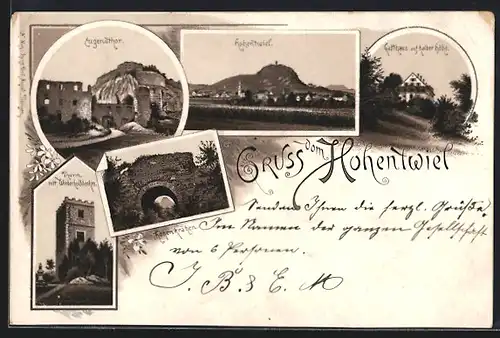 Vorläufer-Lithographie Hohentwiel, Gasthaus auf halber Höhe, Eugensthor, Thurm mit Wiederholddenkmal 1892