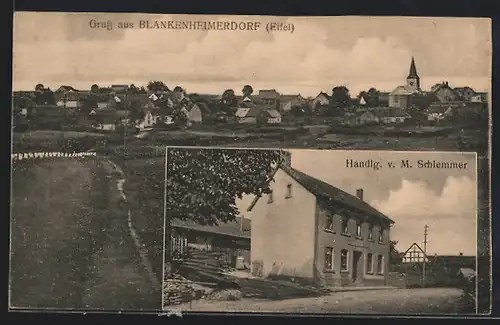 AK Blankenheimerdorf /Eifel, Handlung M. Schlemmer, Ortspanorama mit Feldweg