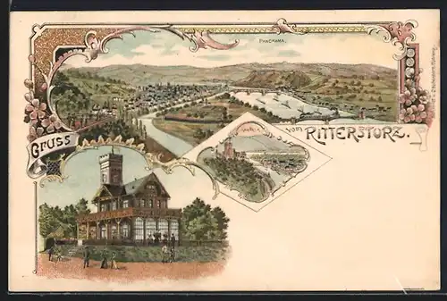 Lithographie Koblenz, Gesamtansicht mit Umgebung von oben, Gasthof Rittersturz