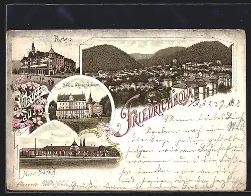 Lithographie Friedrichroda, Schloss Reinhardsbrunn, Neuer Bahnhof, Kurhaus