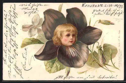 Lithographie Kopf eines blonden Kindes wächst aus einer Blüte, Metamorphose