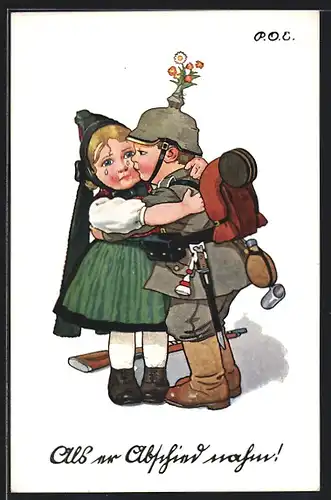 Künstler-AK P. O. Engelhard (P.O.E.): Als er Abschied nahm! Soldat verabschiedet sich von weinendem Mädchen
