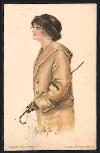 Künstler-AK Alice Luella Fidler: American Girl No. 14, Dame mit Trenchcoat und Stock