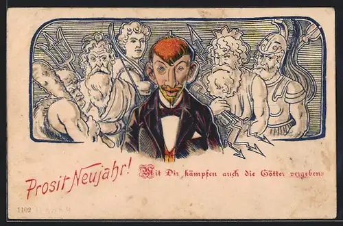 Lithographie Mit dir kämpfen auch die Götter vergeben, Götter entsetzt über Mann im Anzug