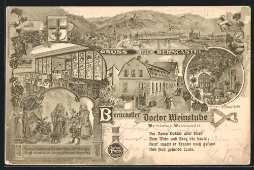 Lithographie Berncastel, Doctor Weinstube, Innen- & Aussenansicht, Ortsansicht