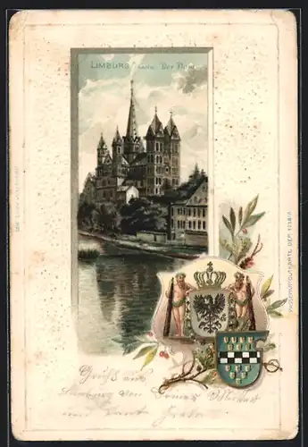 Passepartout-Lithographie Limburg a. Lahn, Blick zum Dom, Stadt-Wappen