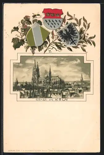 Passepartout-Lithographie Köln, Teilansicht mit Dom, geprägte Wappen