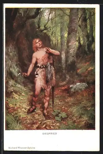 Künstler-AK Siegfried auf der Hut im Wald, Nibelungen