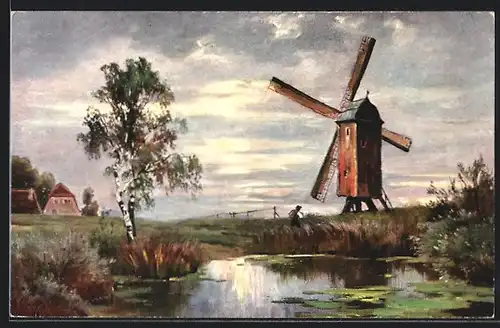 Künstler-AK Theo Stroefer Serie Nr. 551: Windmühle an einem Teich