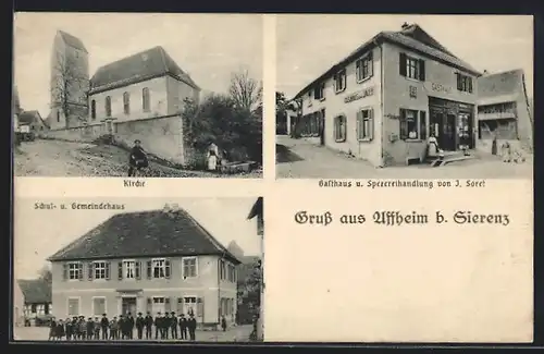 AK Uffheim b. Sierenz, Gasthaus u. Spezereihandlung von J. Soret, Kirche, Schul- und Gemeindehaus