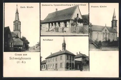 AK Schweighausen /U.-E., Bäckerei und Handlung Louis Kleck, Kirchen und Schulhaus