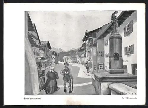 Künstler-AK Mittenwald, Strassenpartie mit Denkmal