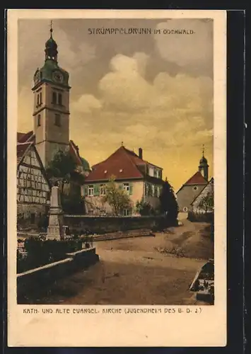 AK Strümpfelbrunn /Odenw., Rathaus und ev. Kirche / Jugendheim des BDJ