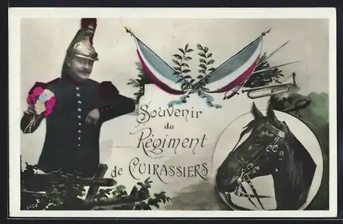 AK Regiment de Cuirassiers, Soldat, Fahne, Pferd