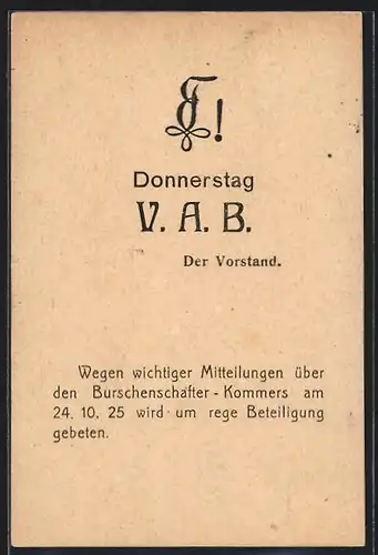 AK Cassel, Donnerstag V.A.B., Wegen Mitteilungen über Burschenschafter-Kommers am 24.10.25 wird um Beteiligung gebeten