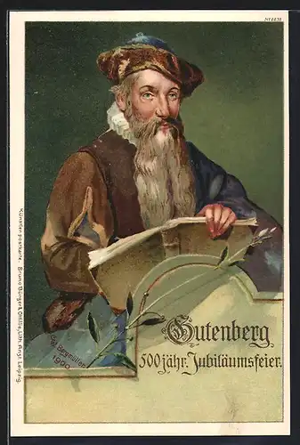 Lithographie Johann Gutenberg, Erfinder des Buchdrucks, 500jähr. Jubiläumsfeier