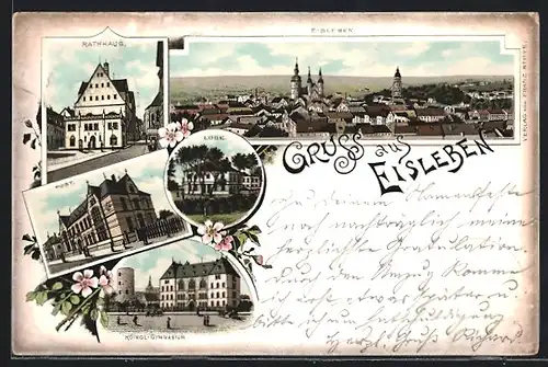 Lithographie Eisleben, Loge, Post, Königliches Gymnasium