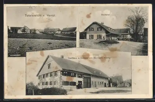 AK Herrot, Gasthaus z. Ochsen, Molkerei, Ortsansicht