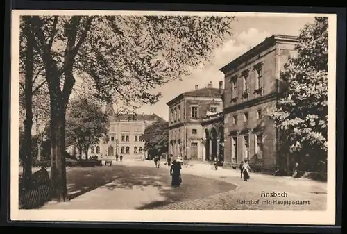 AK Ansbach, Bahnhof mit Hauptpostamt und Vorplatz