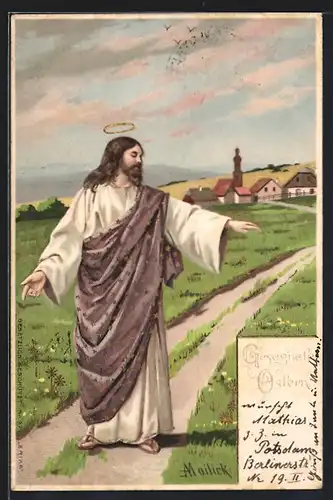 Künstler-AK Alfred Mailick: Jesus auf einem Feldweg, Im Hintergrund Kirche, Ostergruss