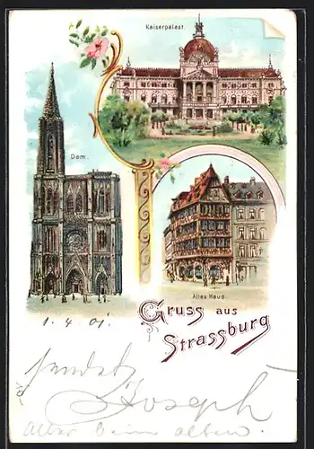 Lithographie Strassburg, Kaiserpalast, Altes Haus, Dom