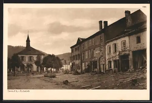 AK Saales i. Els., Ortspartie mit Ruinen und Kirche