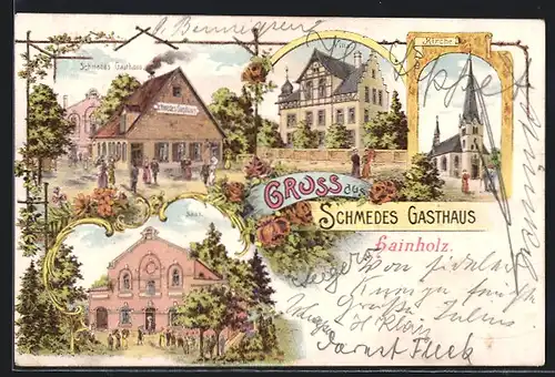 Lithographie Hainholz, Schmedes Gasthaus, Kirche, Villa, Saal