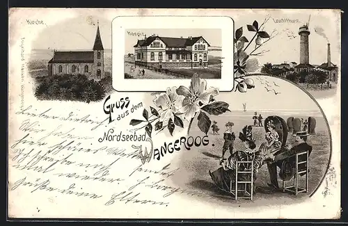 Lithographie Wangeroog, Kirche, Hospiz, Leuchtturm