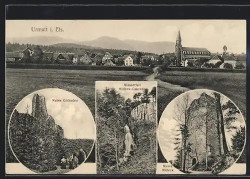 AK Urmatt, Ruine Girbaden, Wasserfall Nideck-Cascade, Ruine Nideck, Panorama mit Kirche