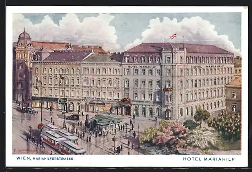 AK Wien, Mariahilferstrasse mit Hotel Mariahilf und Strassenbahnen