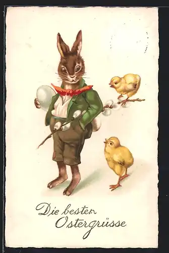 Künstler-AK Osterhase mit Osterküken auf einem Zweig