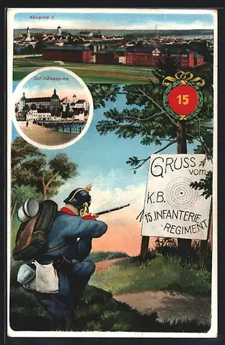 AK Neuburg /Donau, 15. Infanterie Regiment, Soldat bei Schiessübung, Kaserne