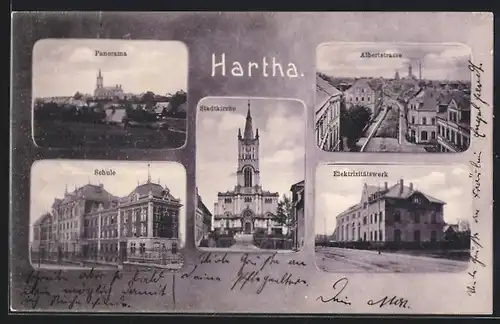 AK Hartha, Panorama, Albertstrasse, Schule, Stadtkirche, Elektrizitätswerk