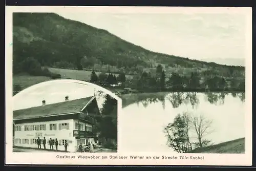 AK Wackersberg /Stallauer Weiher, Gasthaus Wiesweber an der Strecke Tölz Kochel, Uferpartie