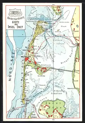 Künstler-AK Braderup /Sylt, Landkarte mit Archsum, Mosum Odde und Jordsand