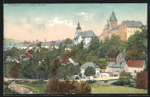 AK Schwarzenberg i. Sächs. Erzgeb., Teilansicht mit Kirche