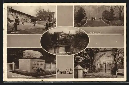 AK Weissenfels, Gustav-Adolf-Stein, Klosterhof, Saalebrücke, Bahnhof, Stadtgarten