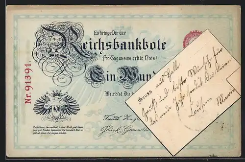 AK Grusskarte in Form einer Banknote, Geld