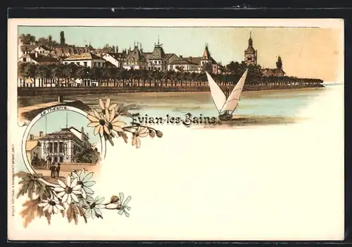 Lithographie Evian-les-Bains, Le Theatre et Panorama