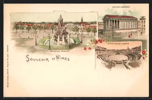 Lithographie Nimes, Fontaine Pradier, Maison Carrée, Interieur de L'Arene