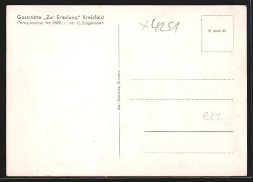 AK Kreisfeld, Gaststätte Zur Erholung, Inh. E. Engelmann, Tanzdiele