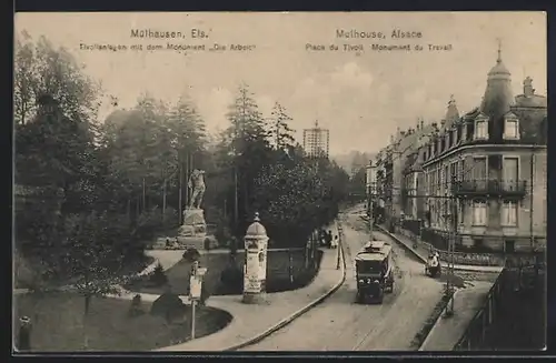 AK Mülhausen /Elsass, Tivolianlagen mit dem Monument Die Arbeit, Oberleitungsbus