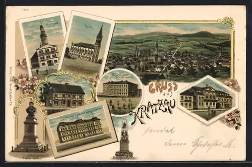 Lithographie Kratzau, Hotel zur Kaiser Krone, Rathaus, Kirche