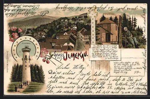 Lithographie Ilmenau, Kickelhahn, Goethe-Haus, Ortsansicht