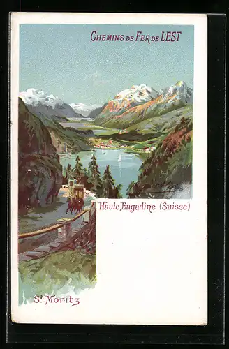 Lithographie St. Moritz, Panoramablick auf Ort und Seen, Reklame für Chemins de Fer de l`Est