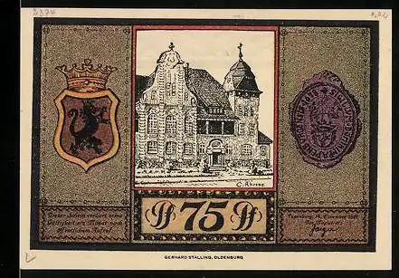 Notgeld Papenburg 1921, 75 Pfennig, Stadtwappen und Stadtsiegel