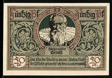 Notgeld Rothenburg ob der Tauber 1921, 50 Pfennig, Portrait Bürgermeister